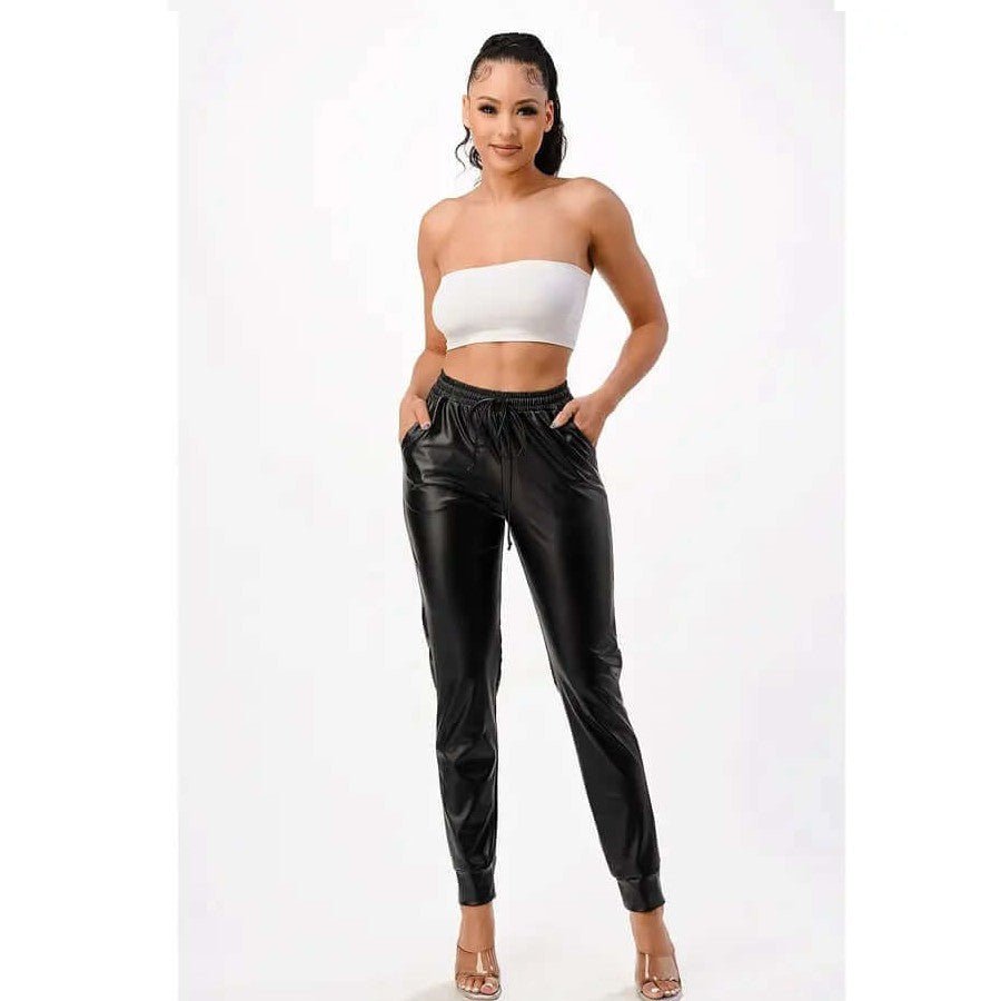 Black Jogger Pants Pleather Elastic Waists with Pockets - Sheer Sheek Modest Boutique