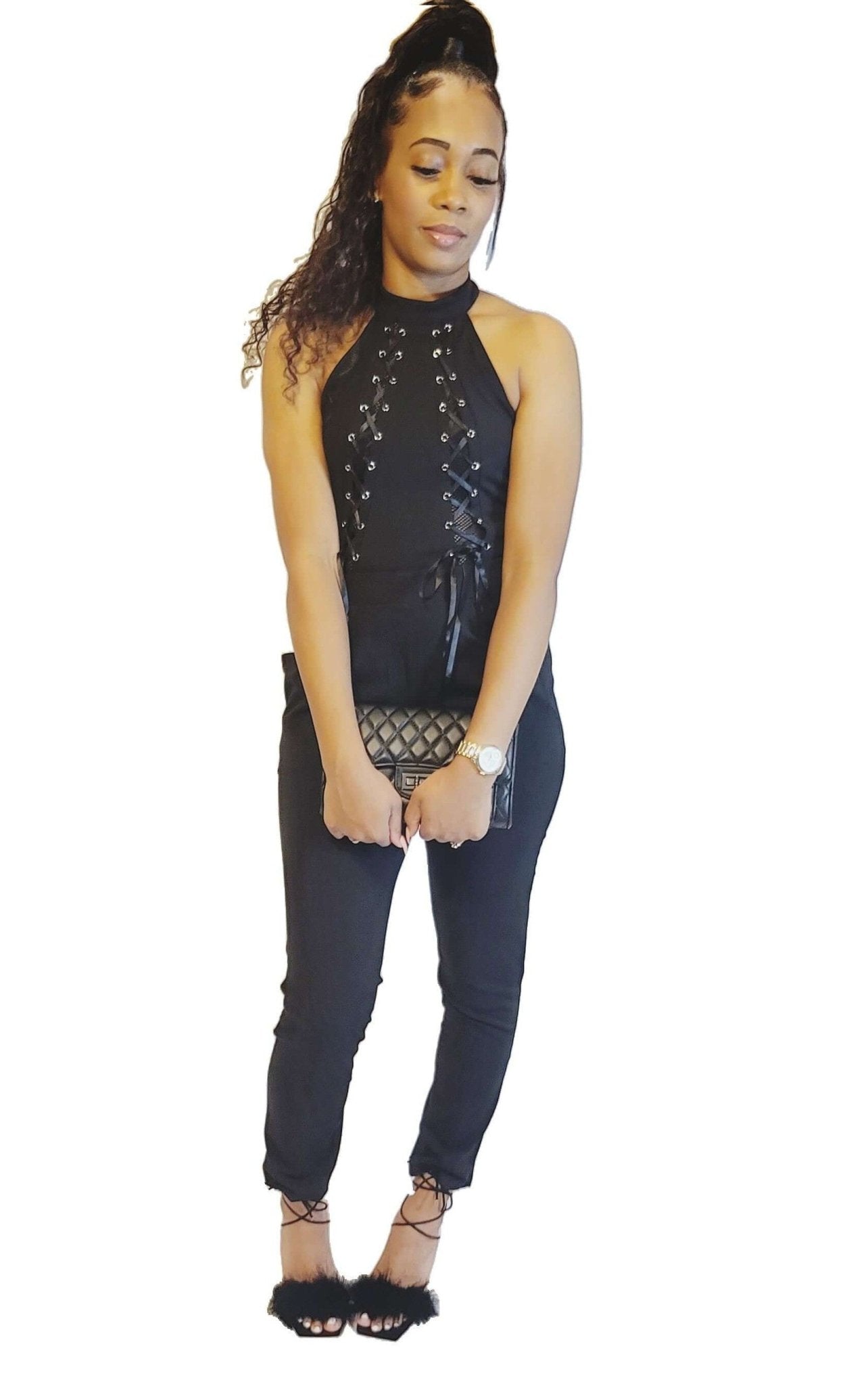 Black Jumpsuit Halter w/Crisscross Front Ties - Sheer Sheek Modest Boutique