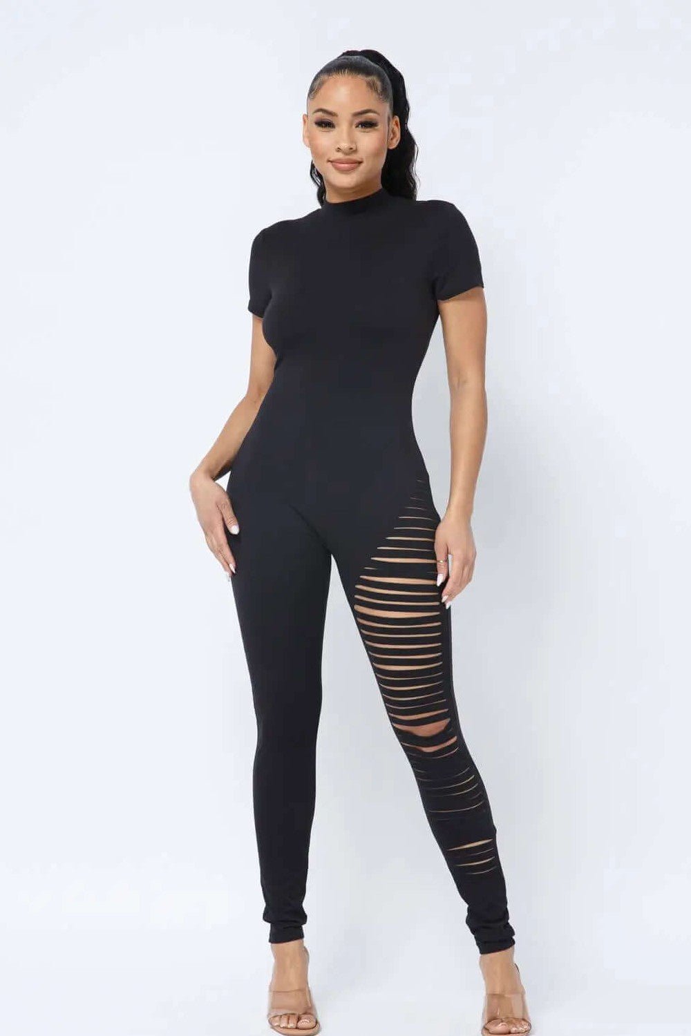 Black Jumpsuit Laser Cut Detail Back Zipper Short Sleeve - Sheer Sheek Modest Boutique