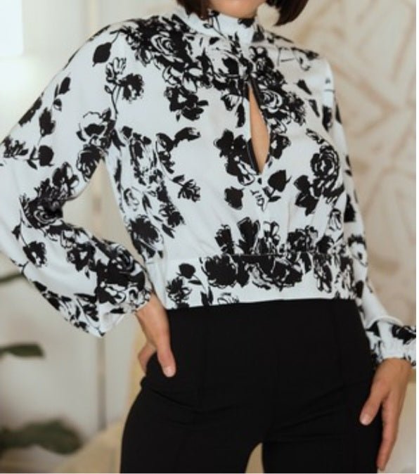 Black & White Blouse Floral Print Fashion - Sheer Sheek Modest Boutique