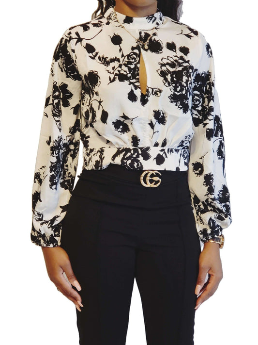 Black & White Blouse Floral Print Fashion - Sheer Sheek Modest Boutique