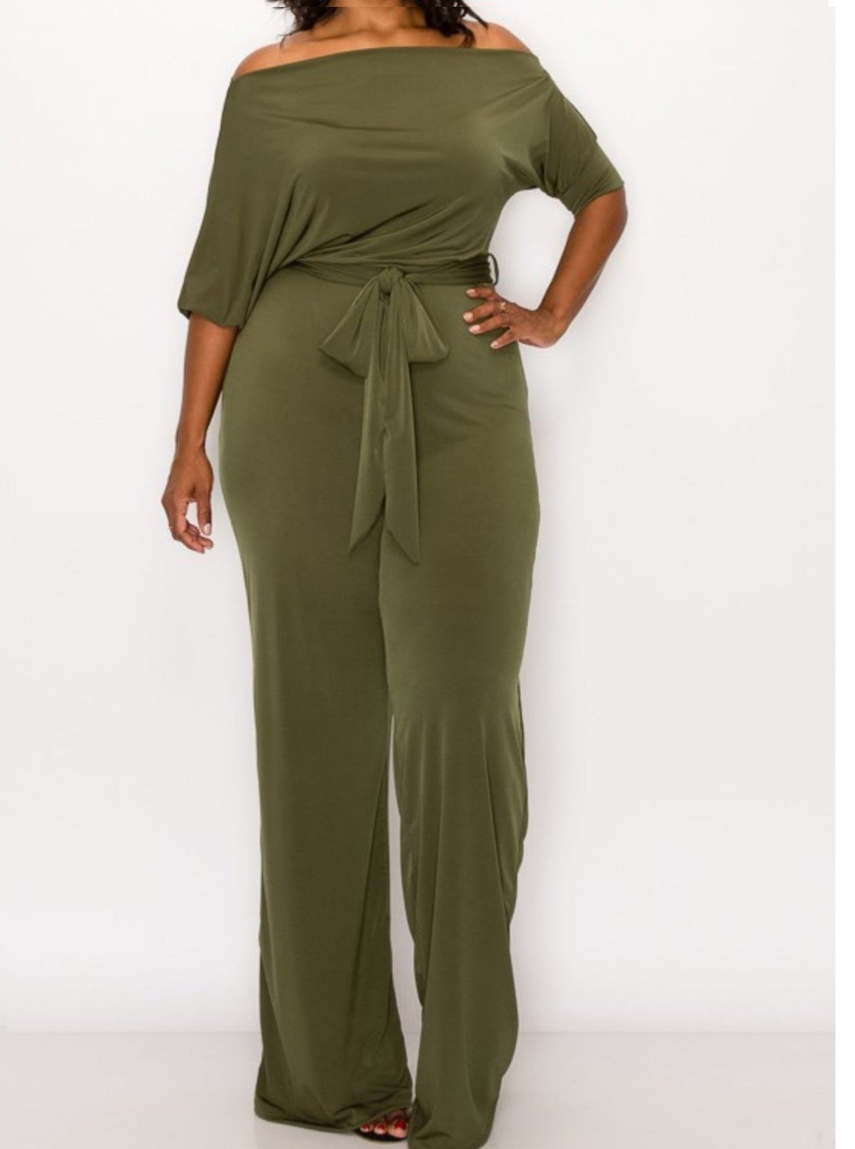 Cold Shoulder Olive Jumpsuit - Sheer Sheek Modest Boutique