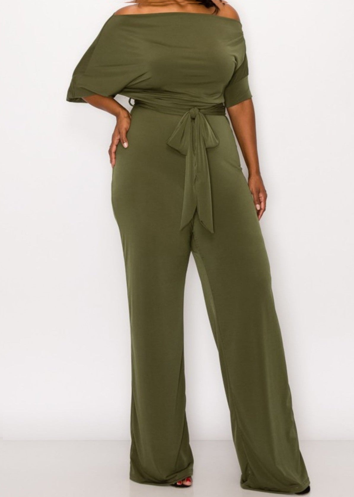 Cold Shoulder Olive Jumpsuit - Sheer Sheek Modest Boutique