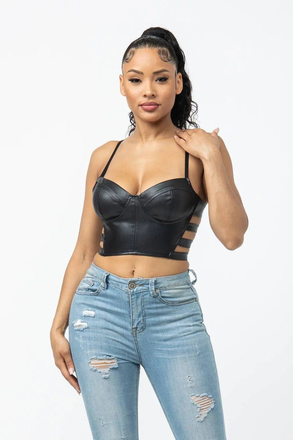 Faux Leather Bustier Top Side Cut Outs Back Zipper - Sheer Sheek Modest Boutique