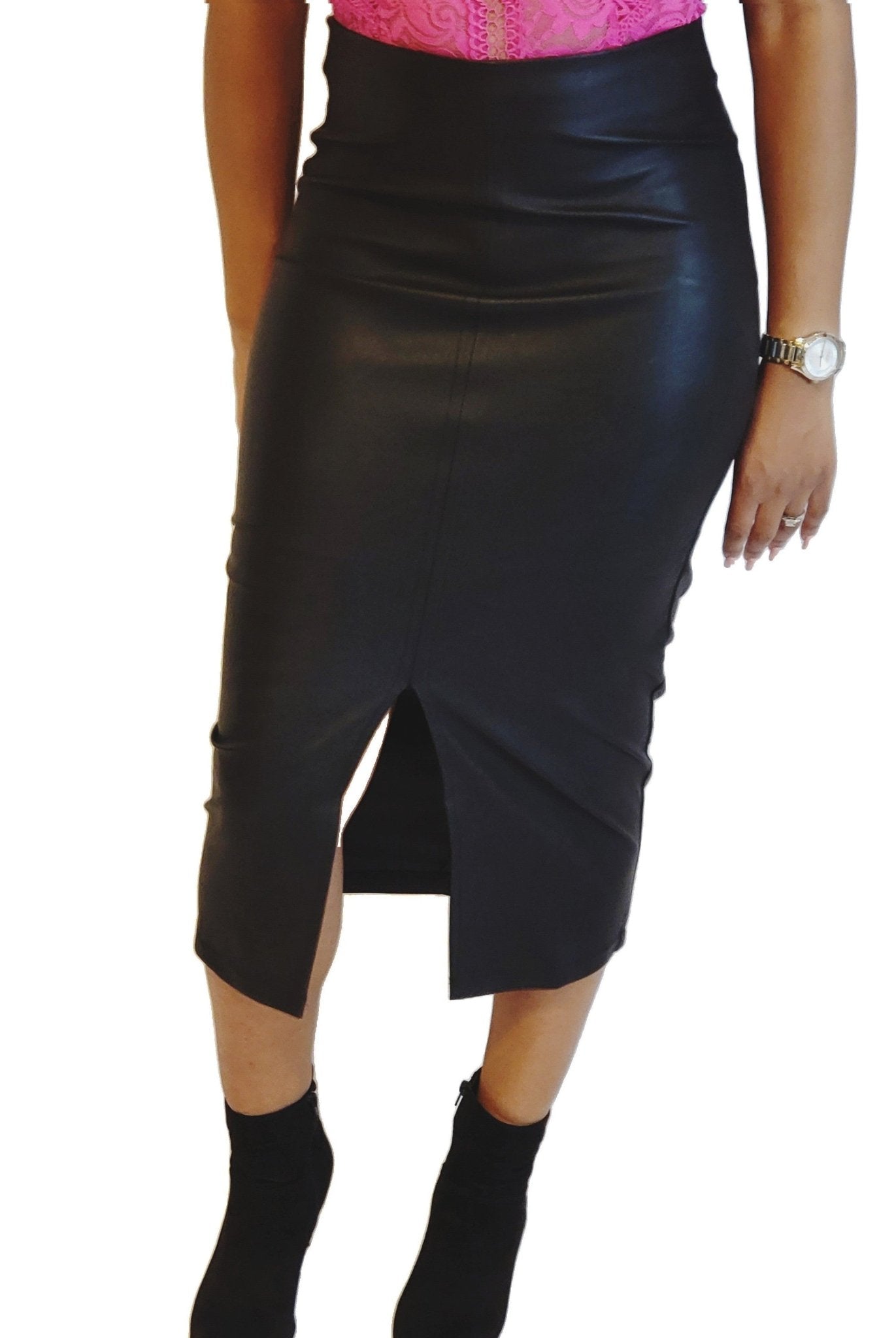 Faux Leather High Waisted Skinny Front Slit - Sheer Sheek Modest Boutique