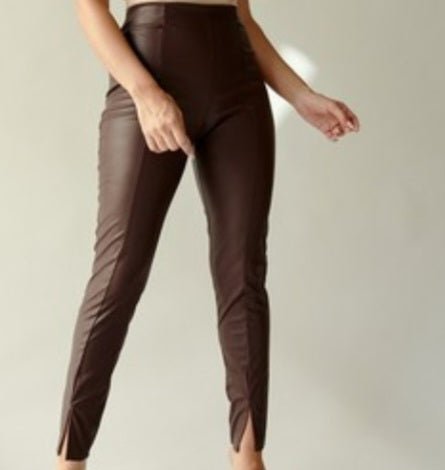 FAUX LEATHER PANTS HIGH ELASTIC WAISTED SKINNY FRONT SLIT - Sheer Sheek Modest Boutique