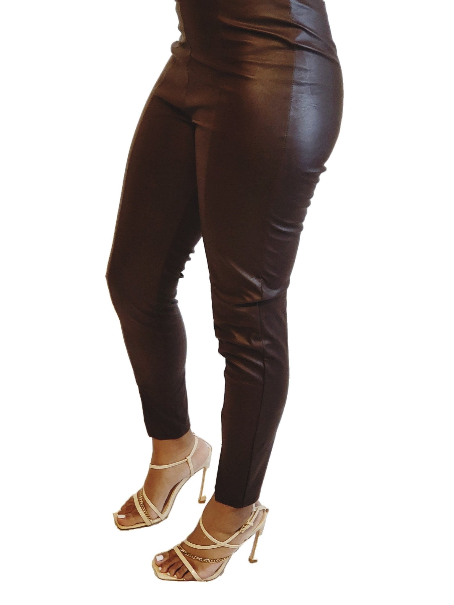 FAUX LEATHER PANTS HIGH ELASTIC WAISTED SKINNY FRONT SLIT - Sheer Sheek Modest Boutique