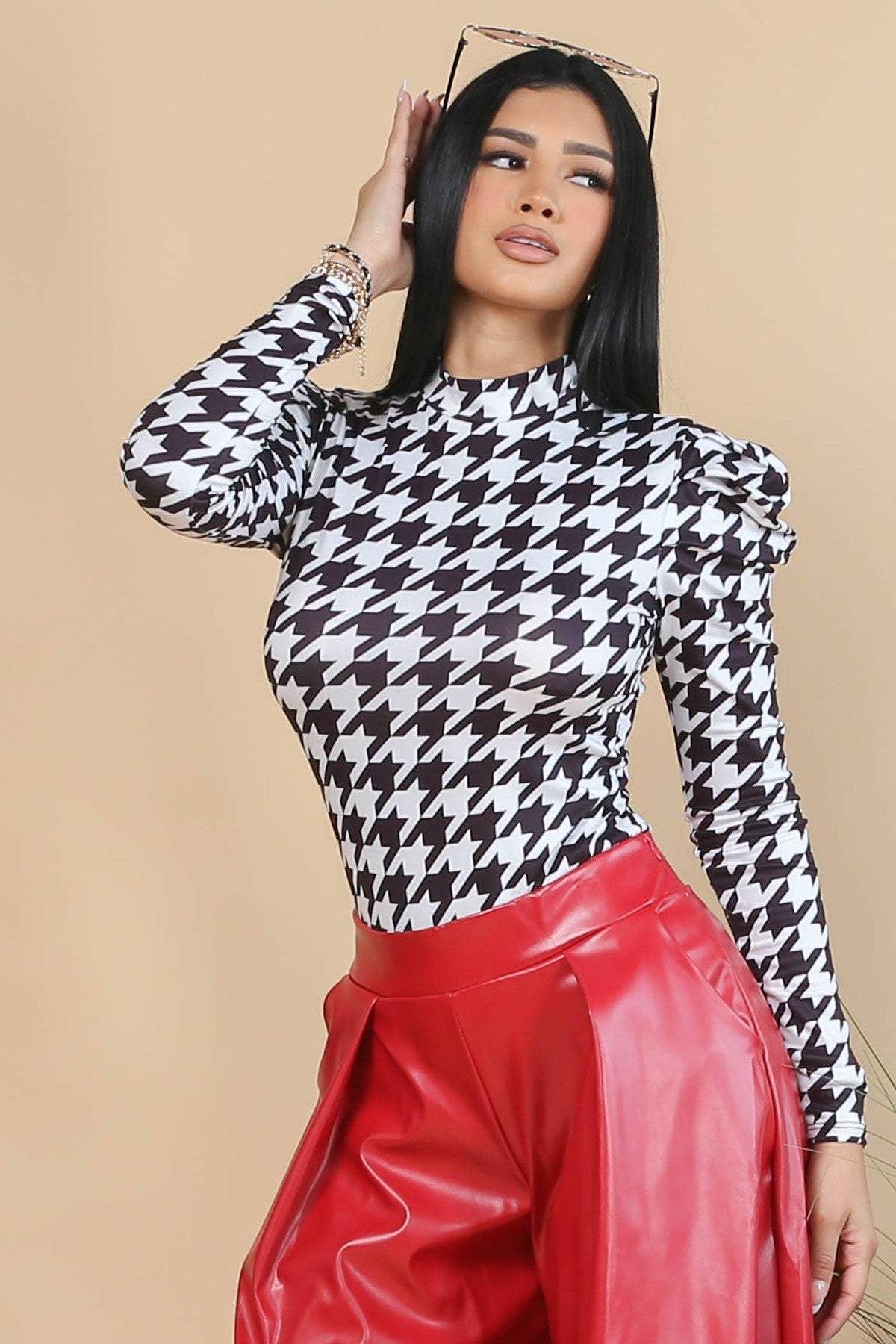 Houndstooth Print Long Sleeves Top - Sheer Sheek Modest Boutique