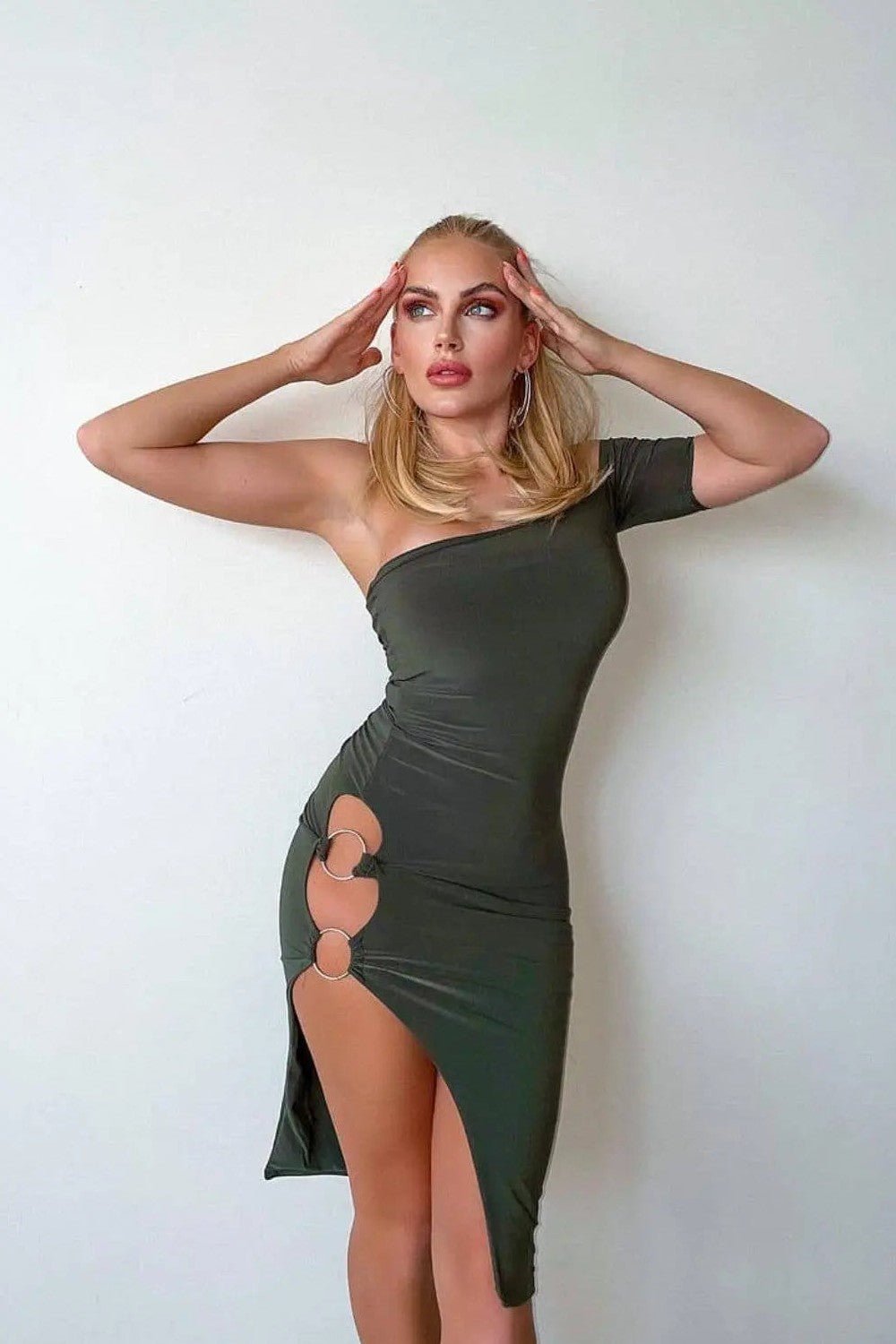 Khaki Dress Sexy Slinky Bodycon One Shoulder Cut Out Slit Ring - Sheer Sheek Modest Boutique